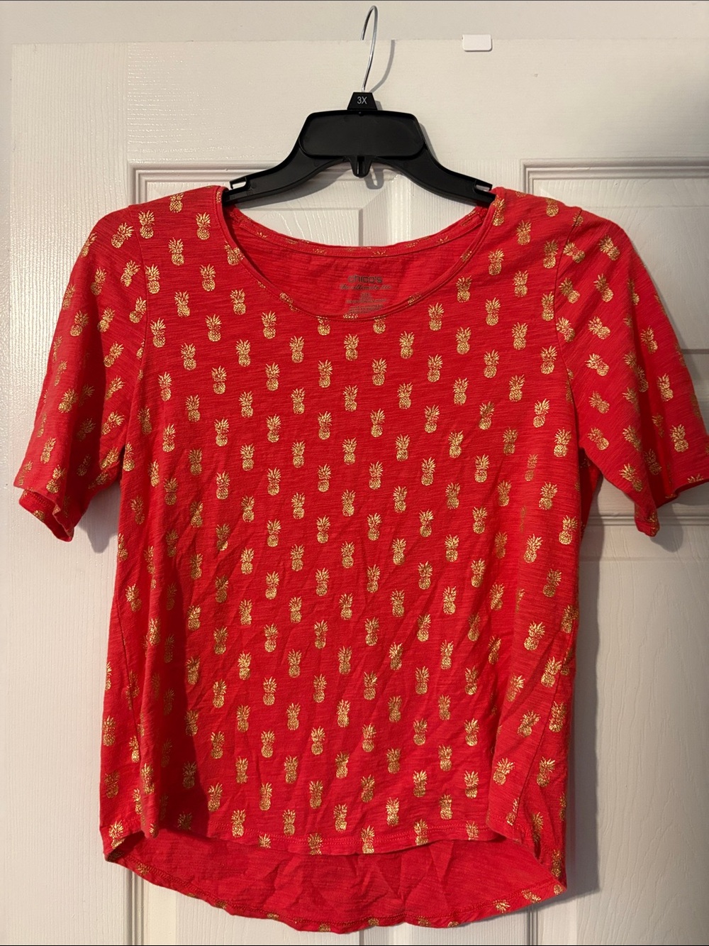 Chico's Red Short Sleeve Tee with Gold Pineapple Motif